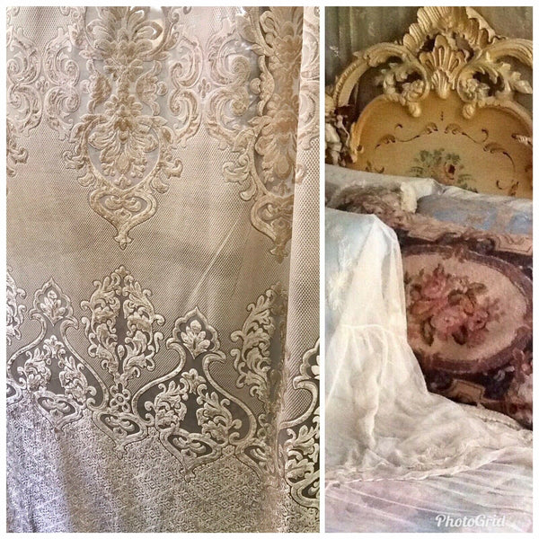 NEW! 112” Wide Designer Sheer Burnout Velvet Lace Drapery Fabric- Shell Pearl - Fancy Styles Fabric Pierre Frey Lee Jofa Brunschwig & Fils