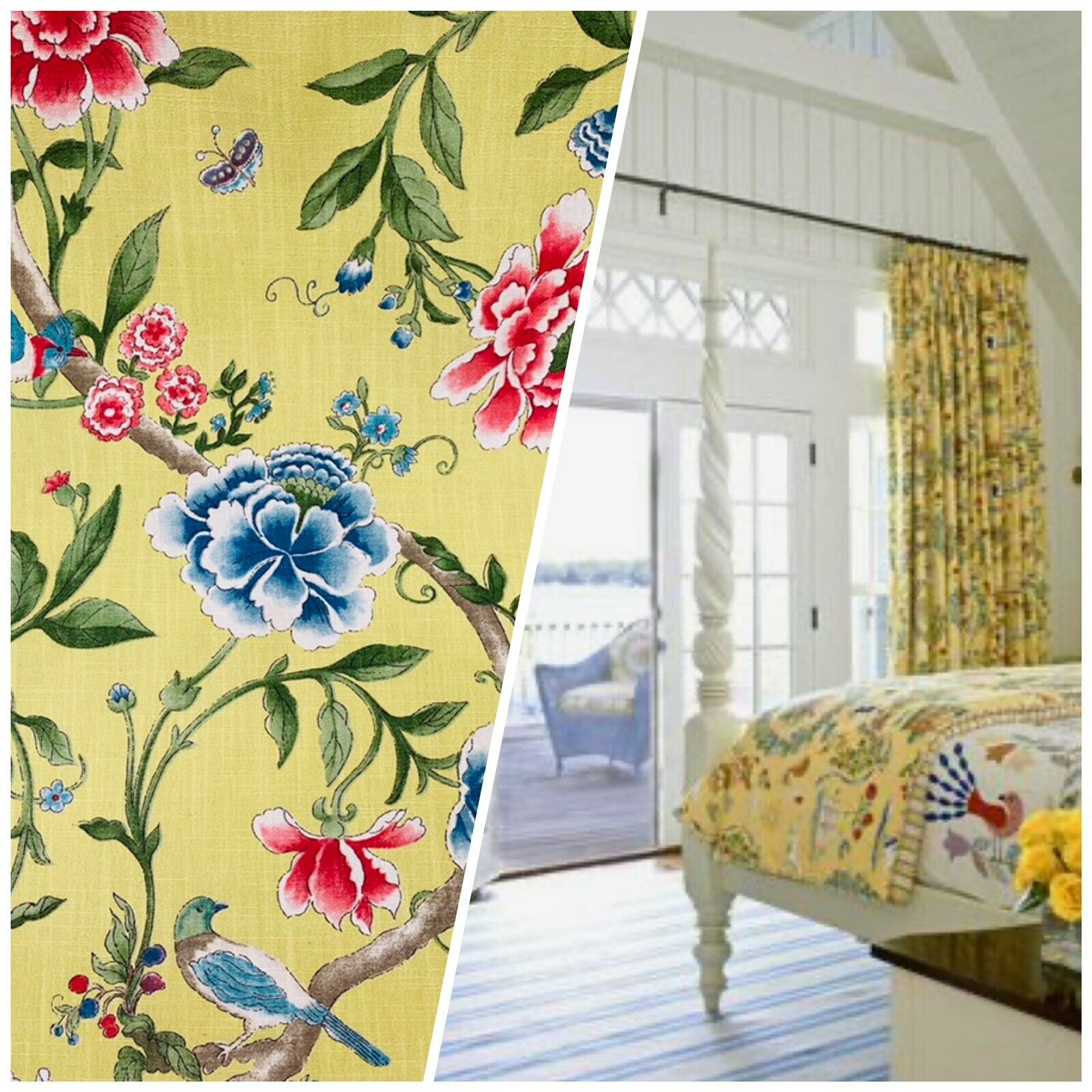 NEW! Miss Jamie Designer Floral u0026 Bird Motif Drapery Upholstery Fabric-  French Yellow | www.fancystylesfabric.com