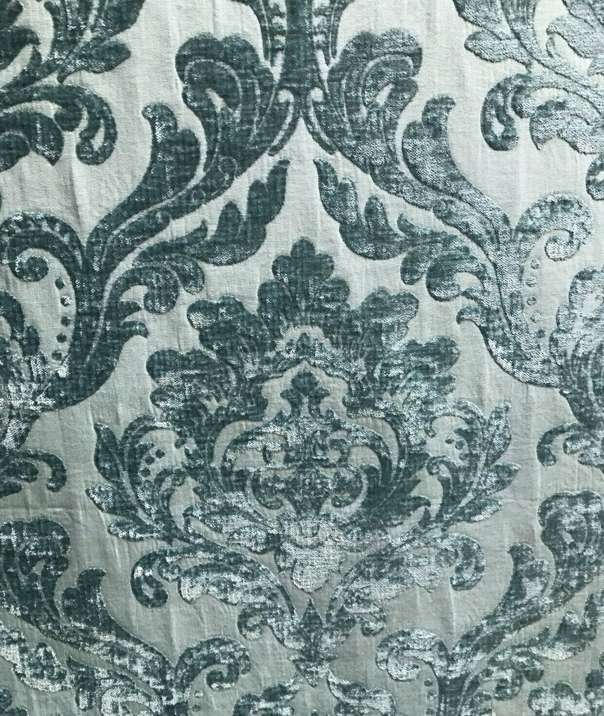 Queen Isabella Designer Damask Burnout Chenille Velvet Fabric - Turquoise Green - Fancy Styles Fabric Pierre Frey Lee Jofa Brunschwig & Fils