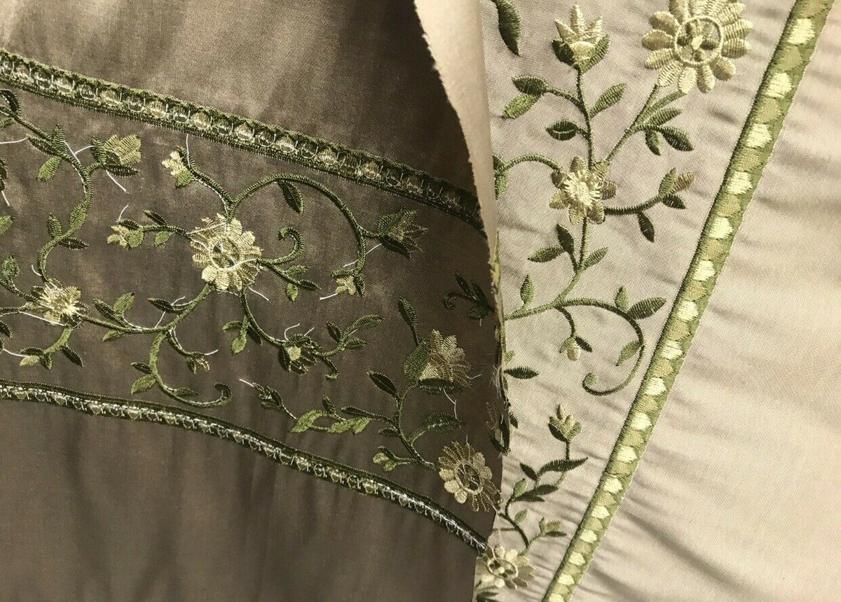 NEW! Lady Margot 100% Silk Dupioni Embroidered Floral Stripes Fabric- Khaki & Green - Fancy Styles Fabric Pierre Frey Lee Jofa Brunschwig & Fils