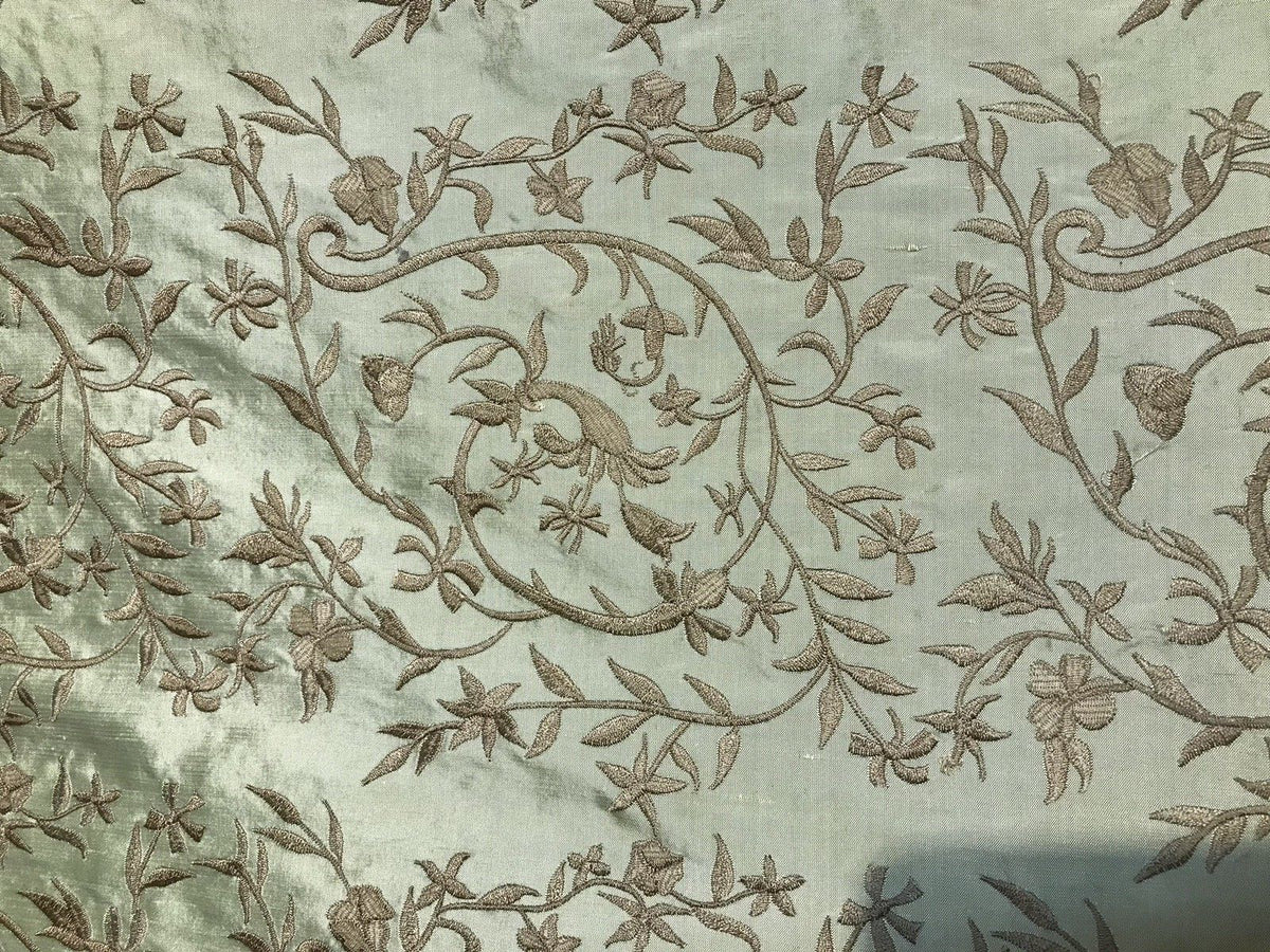 SALE! Designer 100% Silk Taffeta Dupioni Embroidery Floral Fabric - Mint Green - Fancy Styles Fabric Boutique