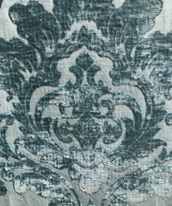 Queen Isabella Designer Damask Burnout Chenille Velvet Fabric - Turquoise Green - Fancy Styles Fabric Pierre Frey Lee Jofa Brunschwig & Fils