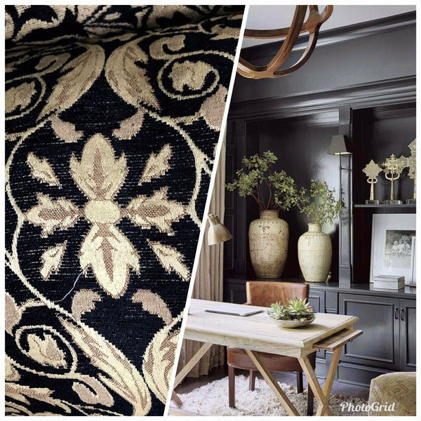 NEW SALE! Velvet Chenille Burnout Upholstery Drapery Fabric -Black & Gold Floral - Fancy Styles Fabric Pierre Frey Lee Jofa Brunschwig & Fils