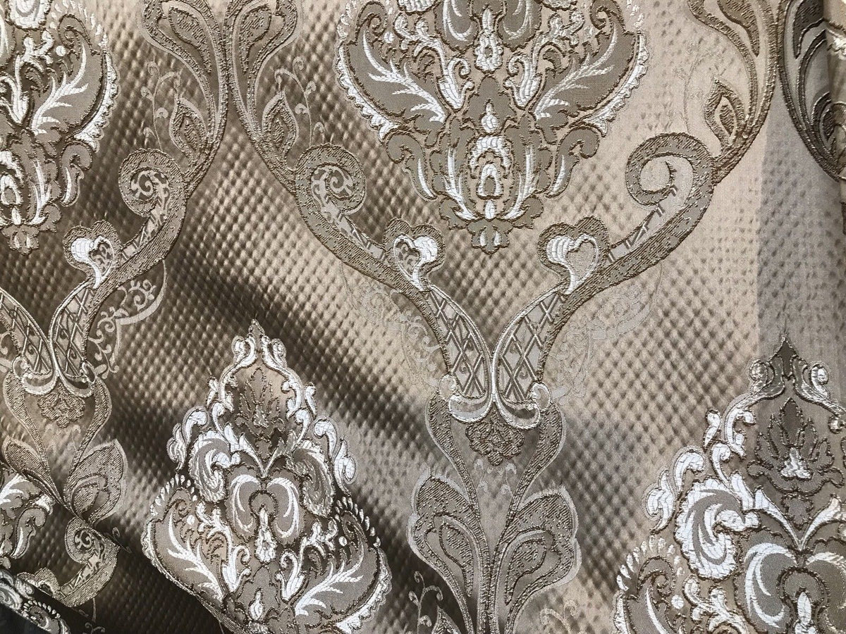 NEW! Designer Brocade Satin Fabric Interior Design- Taupe Damask- Upholstery - Fancy Styles Fabric Pierre Frey Lee Jofa Brunschwig & Fils