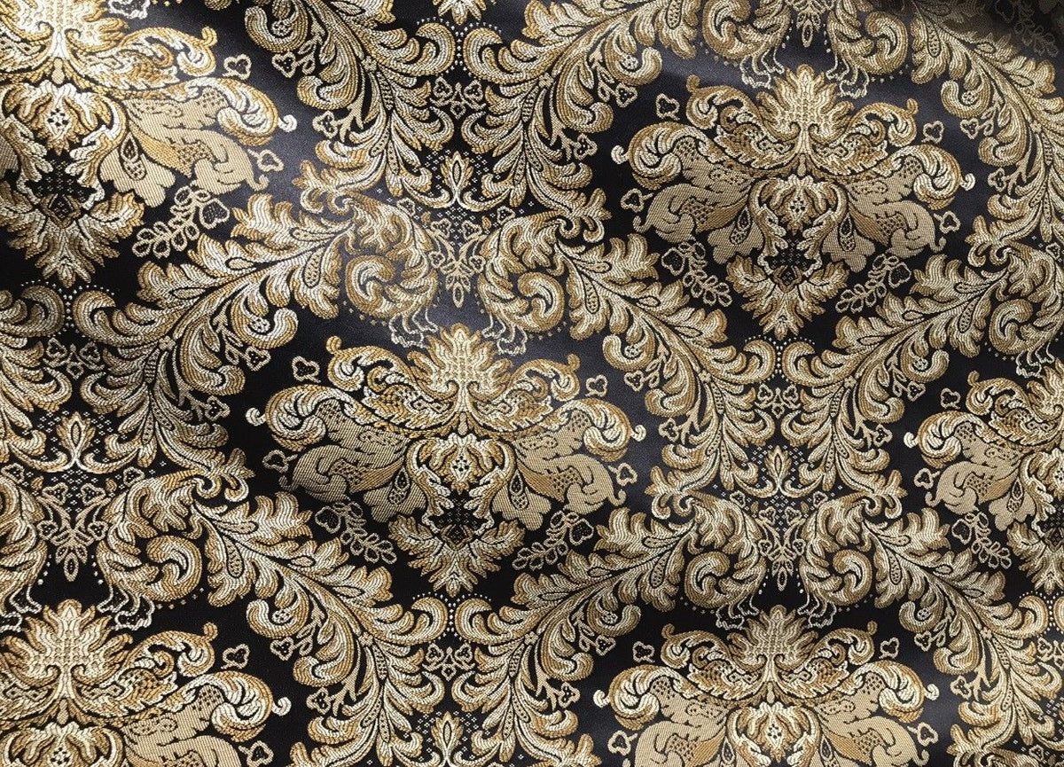 SWATCH 5” x 8” - Prince Liam Brocade Satin Jacquard Fabric- Black Gold- Upholstery Damask LLPBK0003 - Fancy Styles Fabric Pierre Frey Lee Jofa Brunschwig & Fils