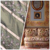 NEW! SALE! 100% Silk Taffeta Embroidered Fabric- Green With Lavender Floral - Fancy Styles Fabric Boutique