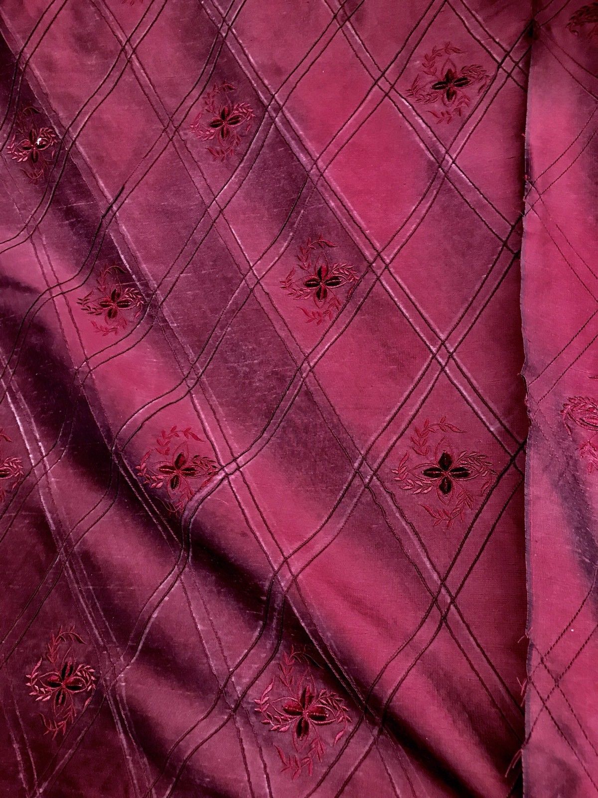 NEW! 100% Silk Washed Taffeta Embroidered Floral Quilted Motif Fabric - Red - Fancy Styles Fabric Boutique