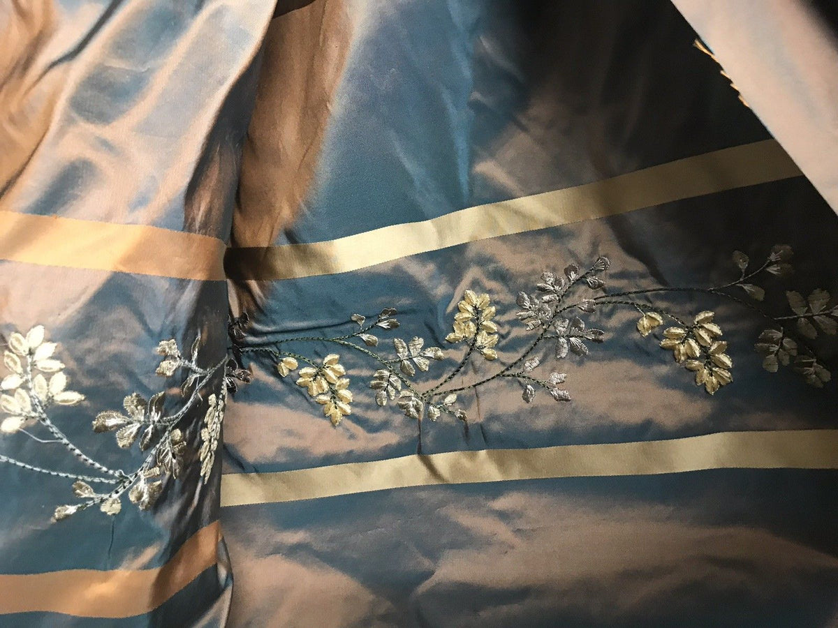 SALE! Designer 100% Silk Taffeta Embroidery Fabric Teal & Peach Iridescent - Fancy Styles Fabric Boutique