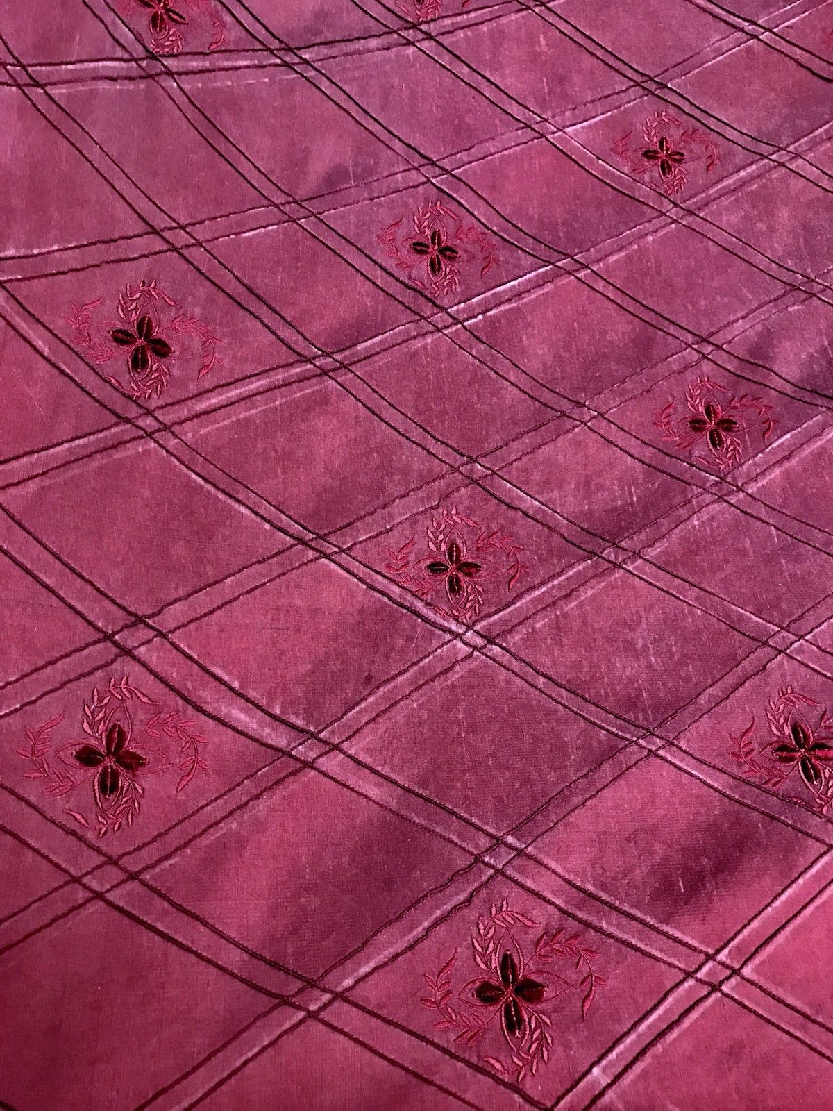 NEW! 100% Silk Washed Taffeta Embroidered Floral Quilted Motif Fabric - Red - Fancy Styles Fabric Boutique