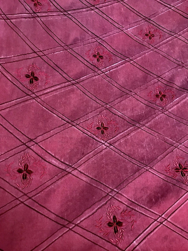 NEW! 100% Silk Washed Taffeta Embroidered Floral Quilted Motif Fabric - Red - Fancy Styles Fabric Boutique