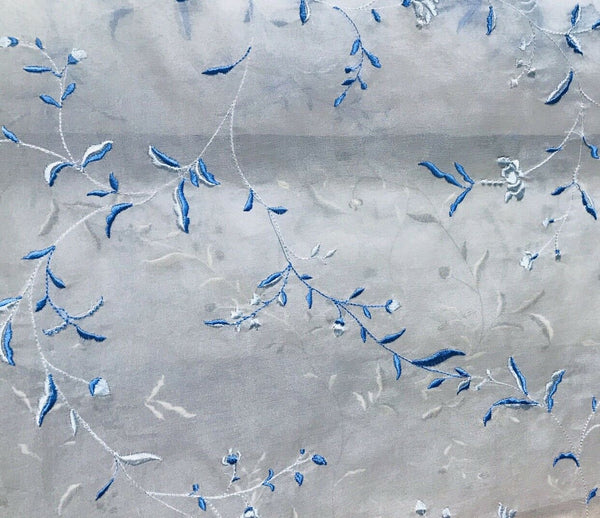 Princess Delphine 100% Silk Voile Organza Sheer Embroidery Drapery Fabric- Floral White & Blue - Fancy Styles Fabric Pierre Frey Lee Jofa Brunschwig & Fils