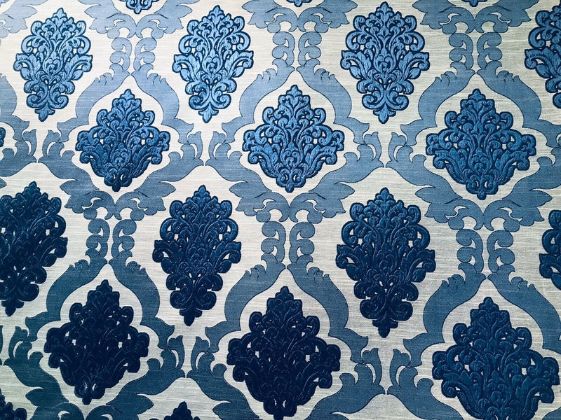 NEW Duchess Camille Designer Burnout Damask Satin Upholstery Fabric- Blue & Natural BTY - Fancy Styles Fabric Pierre Frey Lee Jofa Brunschwig & Fils