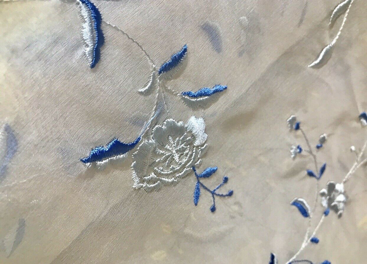 Princess Delphine 100% Silk Voile Organza Sheer Embroidery Drapery Fabric- Floral White & Blue - Fancy Styles Fabric Pierre Frey Lee Jofa Brunschwig & Fils