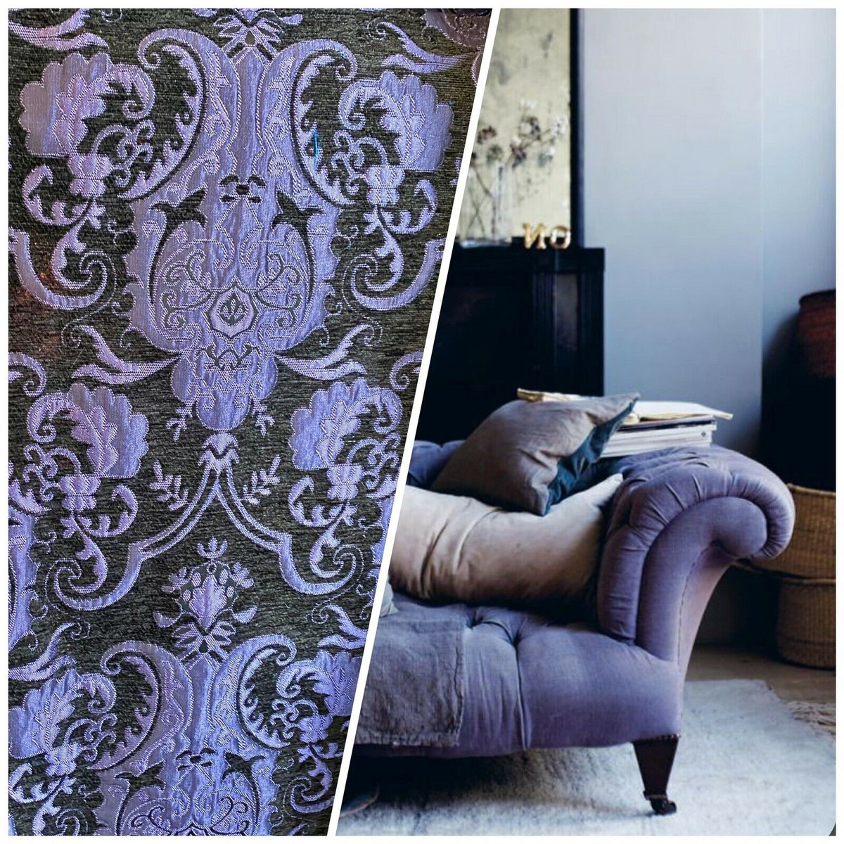 NEW Lady Emile Designer Damask Burnout Chenille Velvet Fabric - Purple & Dark Gray BTY - Fancy Styles Fabric Pierre Frey Lee Jofa Brunschwig & Fils