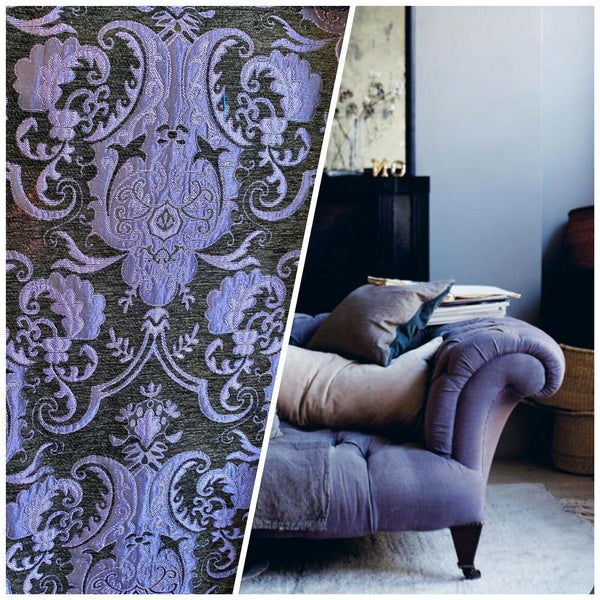 NEW Lady Emile Designer Damask Burnout Chenille Velvet Fabric - Purple & Dark Gray BTY - Fancy Styles Fabric Pierre Frey Lee Jofa Brunschwig & Fils