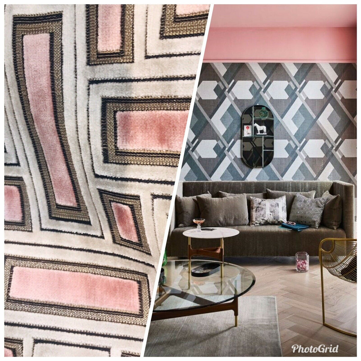 Novelty Italian Burnout Geometric Chenille Upholstery Velvet Fabric -Pink BTY - Fancy Styles Fabric Pierre Frey Lee Jofa Brunschwig & Fils