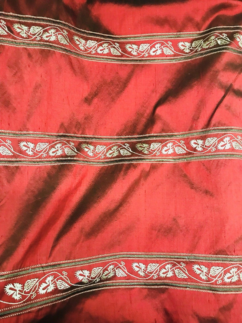 SALE! 100% Silk Taffeta Fabric Embroidery Crimson Red & Iridescent Black Tones - Fancy Styles Fabric Boutique