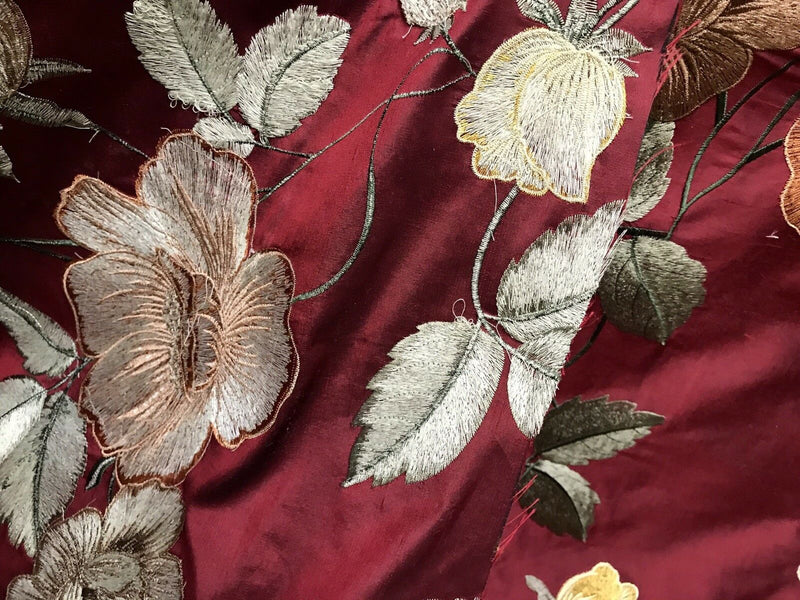 Back in Stock!  Duchess Seraphina 100% Silk Taffeta Embroidery Floral Fabric- Dark Red - Fancy Styles Fabric Pierre Frey Lee Jofa Brunschwig & Fils