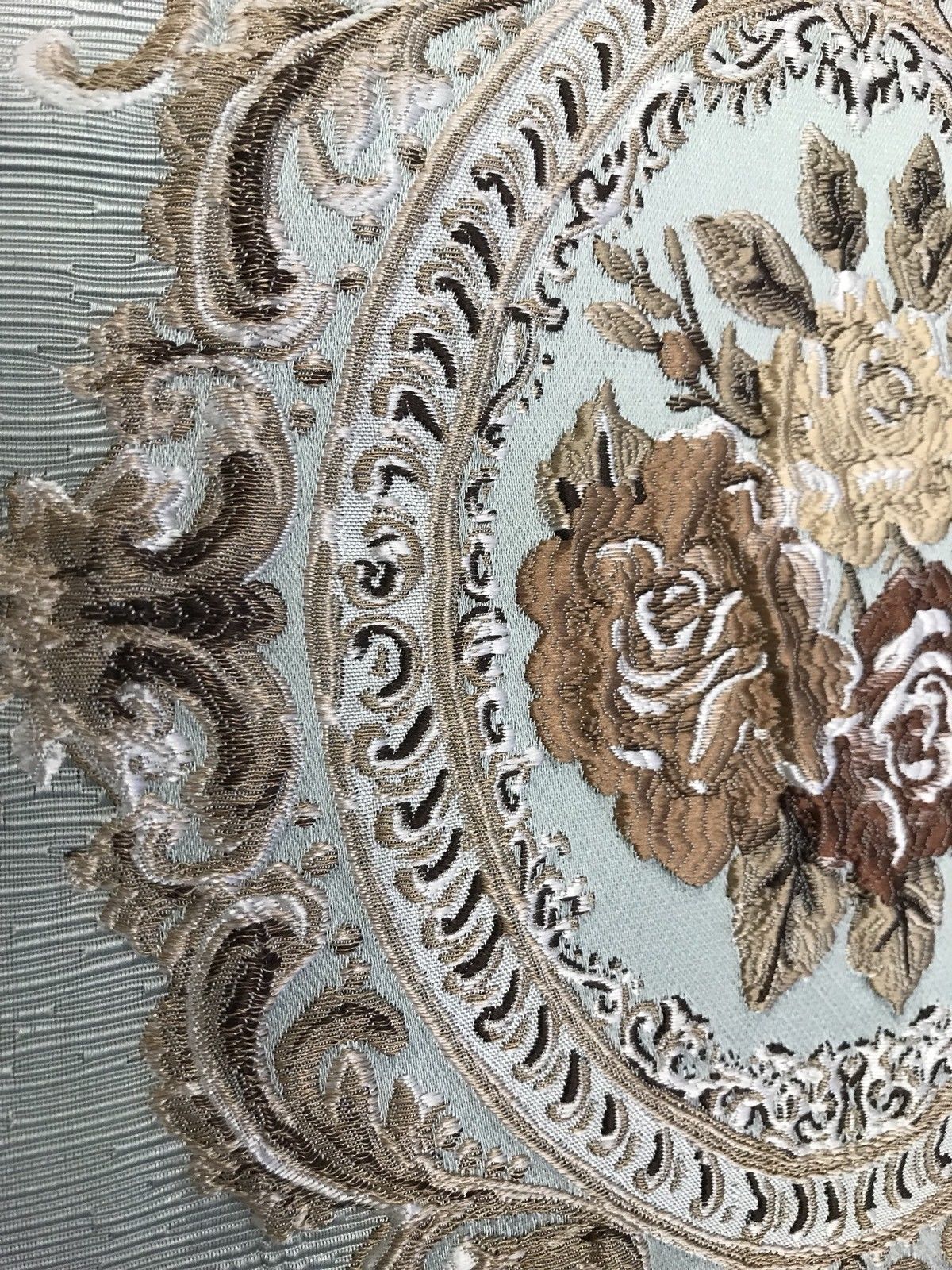 SWATCH Designer Brocade Satin Fabric- Antique Blue Taupe Roses Upholstery Damask - Fancy Styles Fabric Boutique