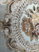 SWATCH Designer Brocade Satin Fabric- Antique Blue Taupe Roses Upholstery Damask - Fancy Styles Fabric Boutique