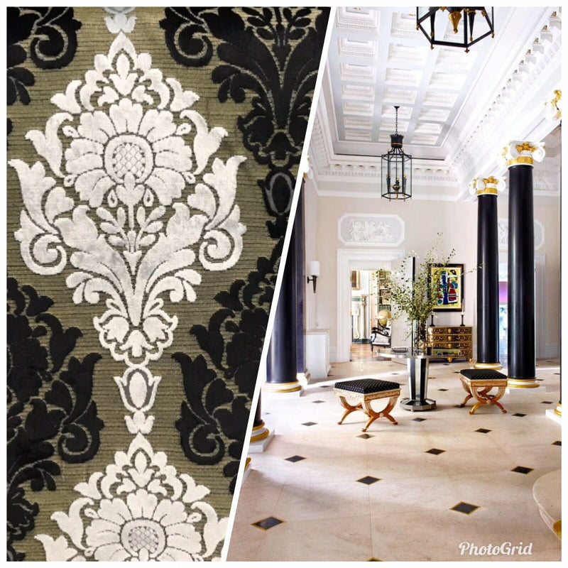 Prince John Designer Made In Italy Damask Chenille Velvet Fabric Upholstery-Black Gold White - Fancy Styles Fabric Pierre Frey Lee Jofa Brunschwig & Fils