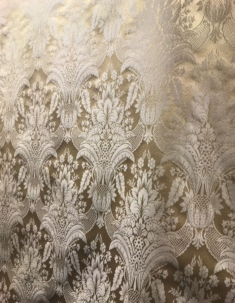 NEW! SALE! Designer Damask Satin Fabric- Antique Gold Beige - Upholstery Brocade - Fancy Styles Fabric Boutique