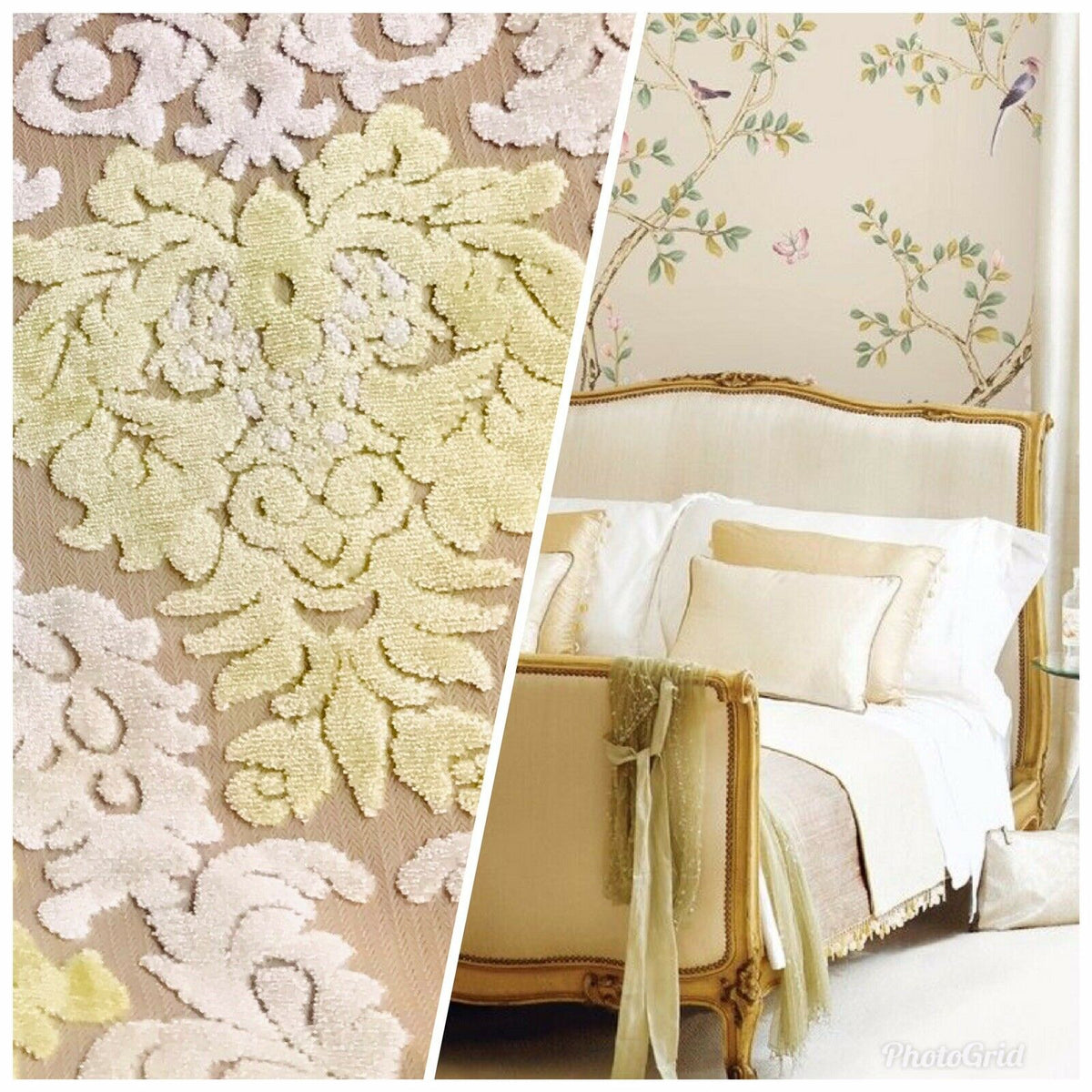 Sir Mason Novelty Italian Burnout Damask Chenille Upholstery Velvet Fabric Yellow Cream - Fancy Styles Fabric Pierre Frey Lee Jofa Brunschwig & Fils