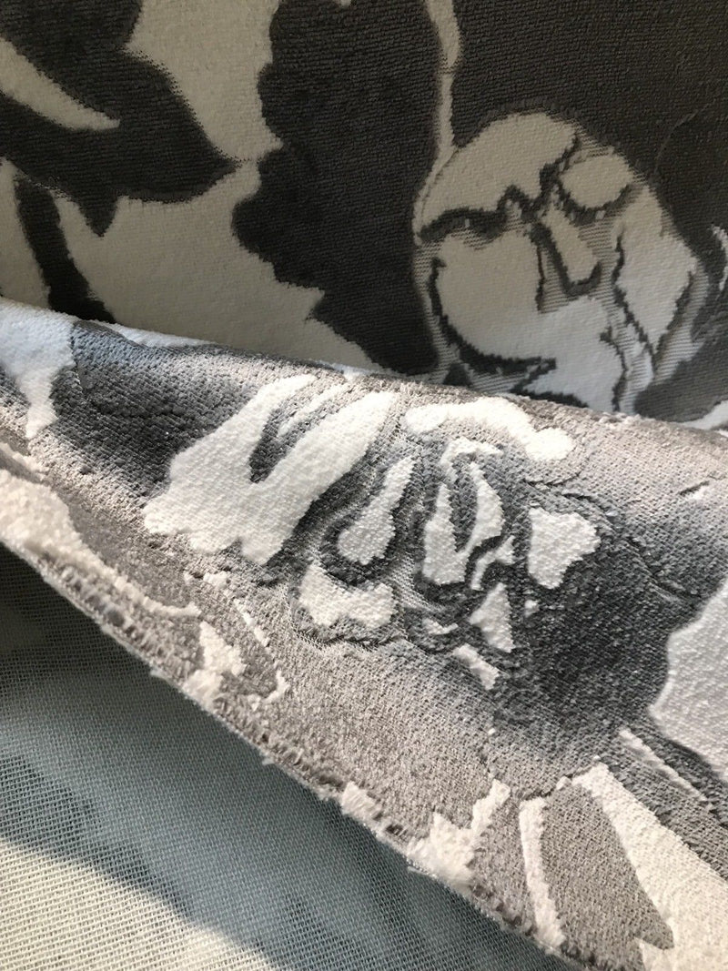 SWATCH Burnout Velvet Upholstery Fabric Floral Charcoal (almost Black) & White - Fancy Styles Fabric Boutique