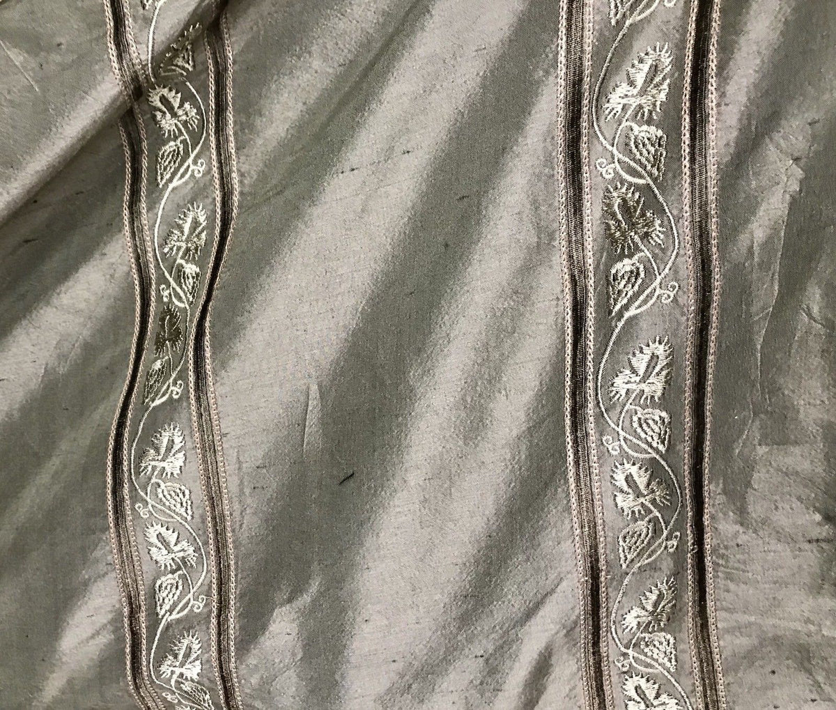 SALE! 100% Silk Taffeta Drapery Embroidery Fabric - Khaki Green Striped - Fancy Styles Fabric Boutique