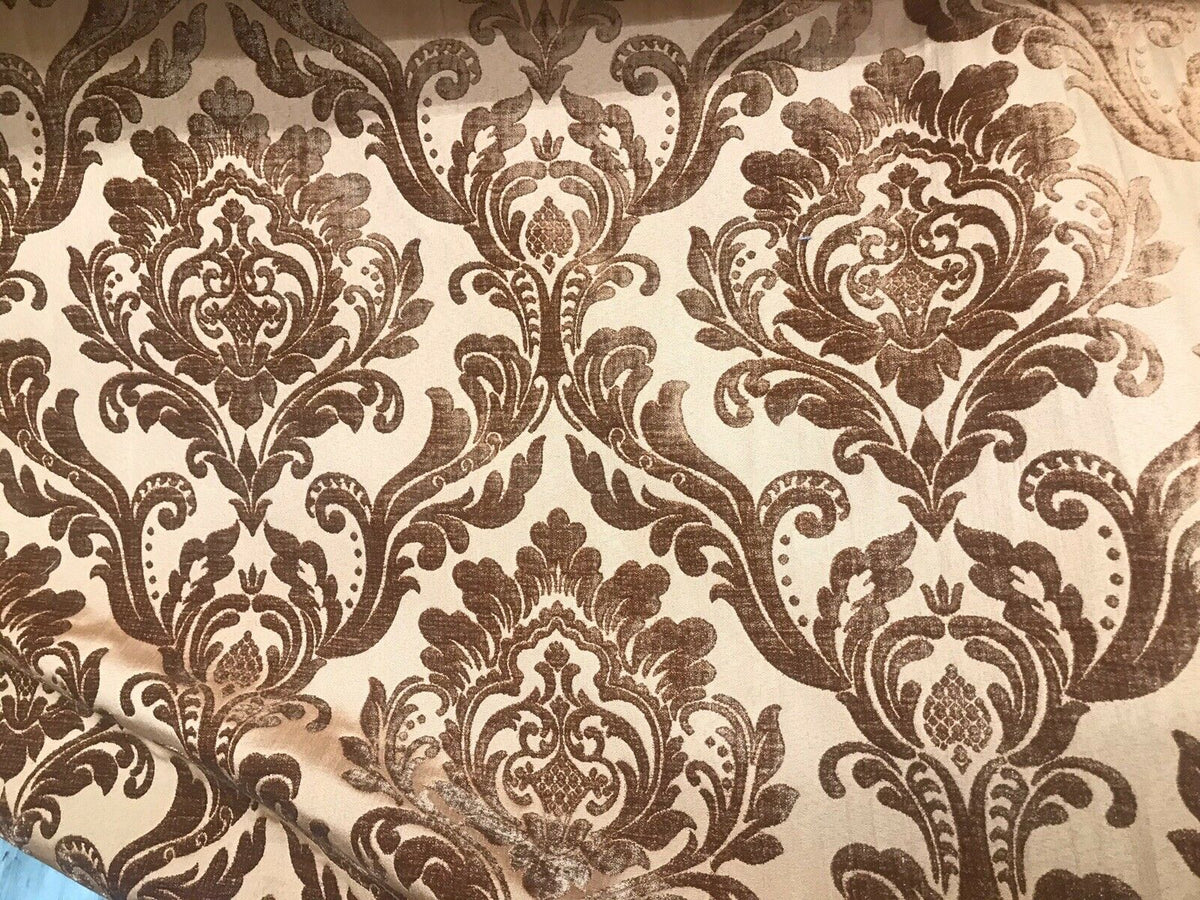 Queen Isabella Designer Damask Burnout Chenille Velvet Fabric - Taupe BTY - Fancy Styles Fabric Pierre Frey Lee Jofa Brunschwig & Fils