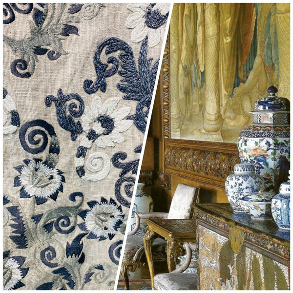 NEW! Novelty 100% Linen Fabric Floral Crewel Embroidery- Blue, White, Ecru - Fancy Styles Fabric Pierre Frey Lee Jofa Brunschwig & Fils