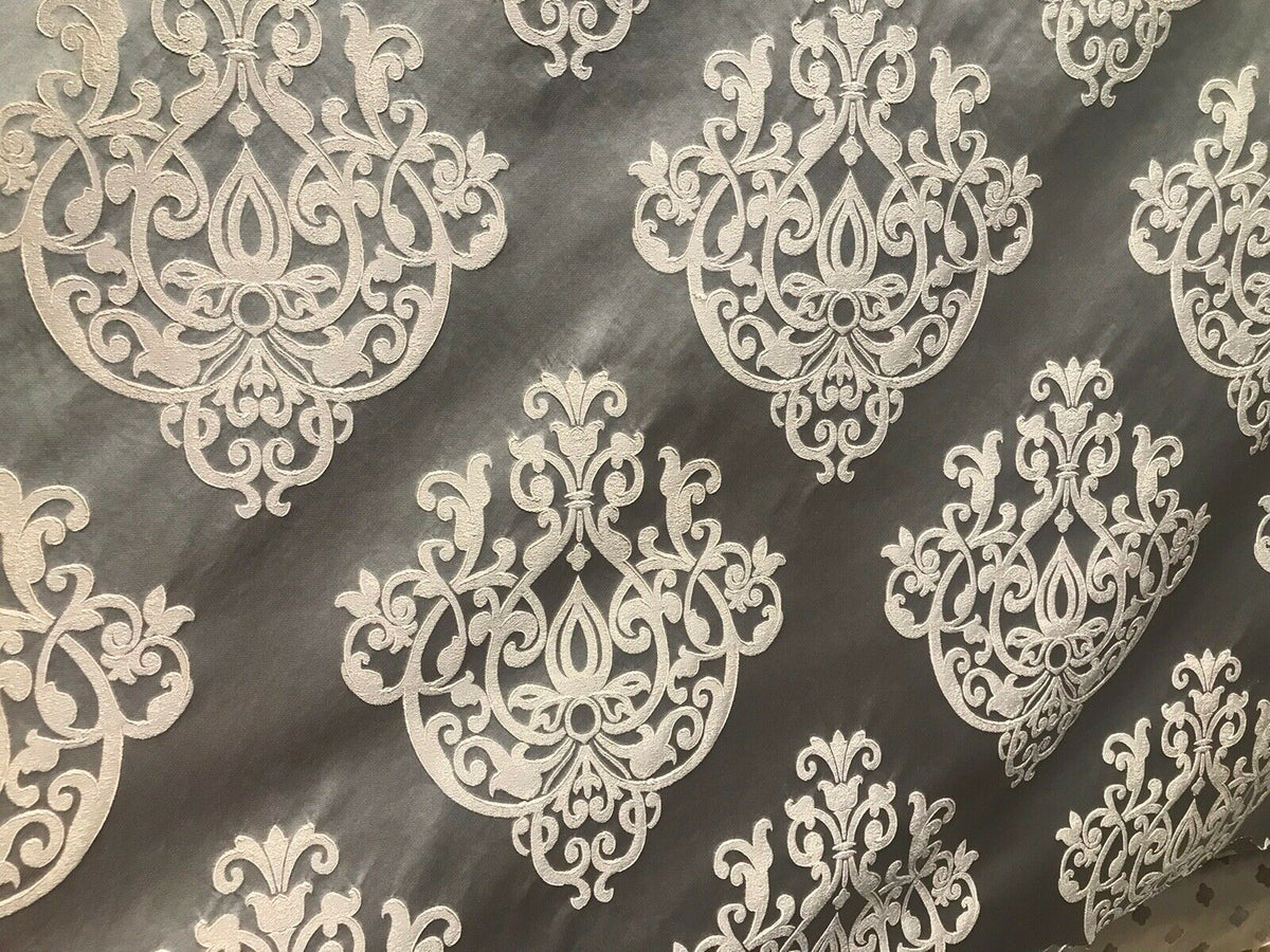 Sir Nathan Designer Brocade Satin Fabric- Charcoal Gray Ivory- Upholstery Damask - Fancy Styles Fabric Pierre Frey Lee Jofa Brunschwig & Fils