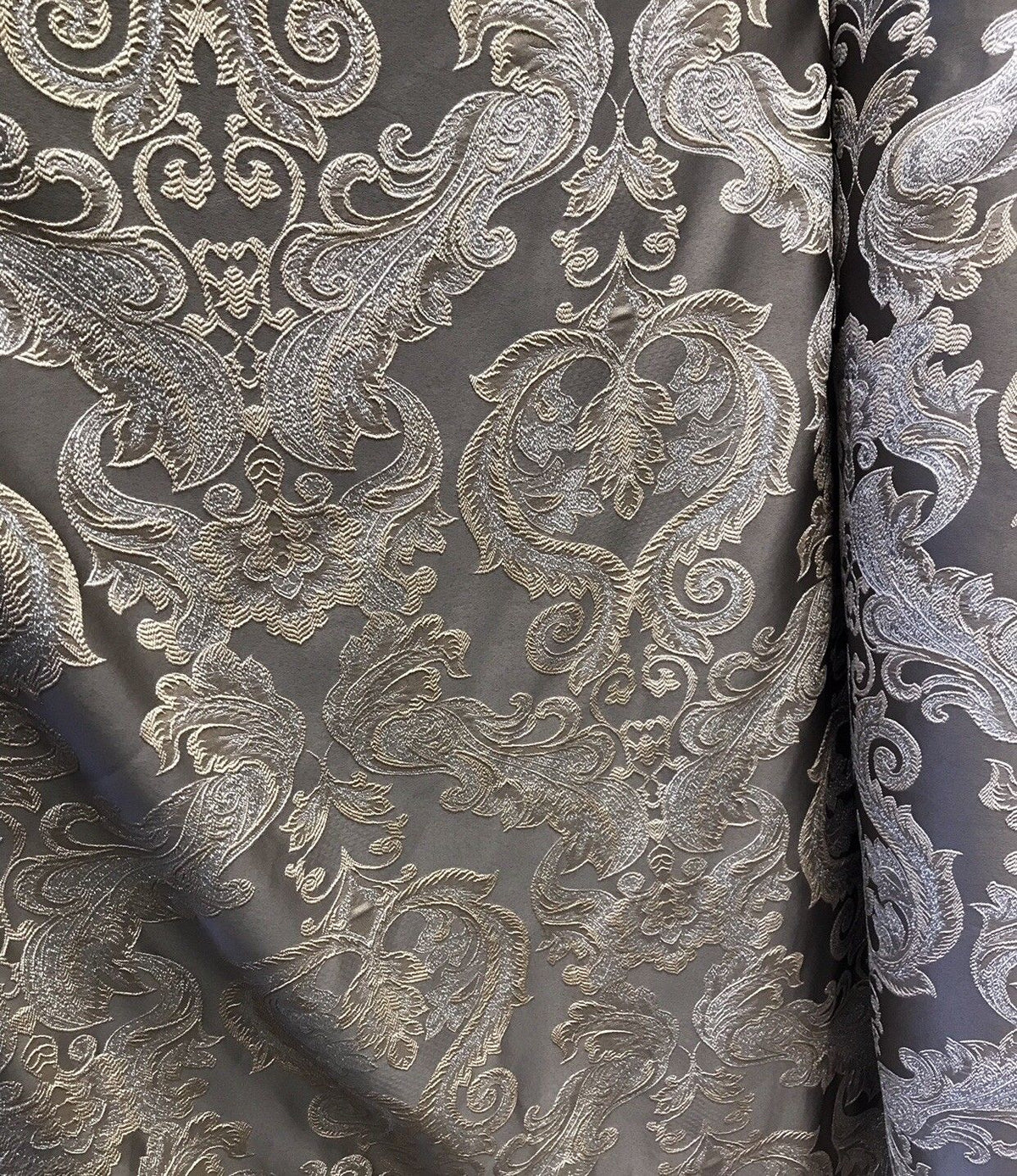 SWATCH 8” x 8” Sample- Designer Brocade Satin Fabric- Gray Silver Gold - Damask - Fancy Styles Fabric Pierre Frey Lee Jofa Brunschwig & Fils
