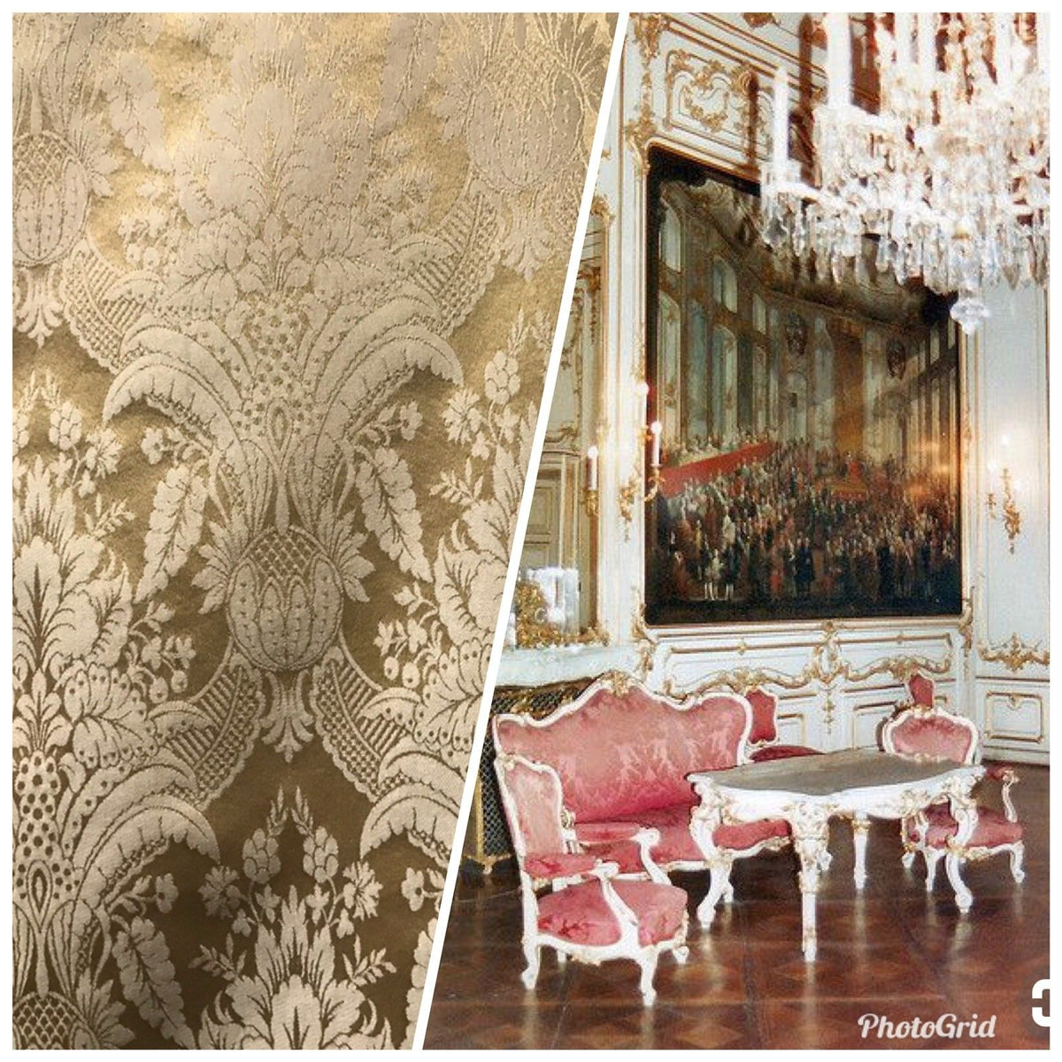 NEW! SALE! Designer Damask Satin Fabric- Antique Gold Beige - Upholstery Brocade - Fancy Styles Fabric Boutique