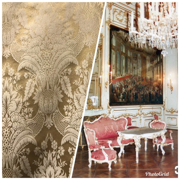 NEW! SALE! Designer Damask Satin Fabric- Antique Gold Beige - Upholstery Brocade - Fancy Styles Fabric Boutique