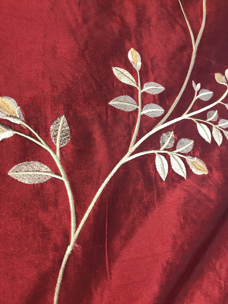 NEW! SALE! 100% Silk Taffeta Embroidered Floral Motif Fabric - Dark Red - Fancy Styles Fabric Boutique