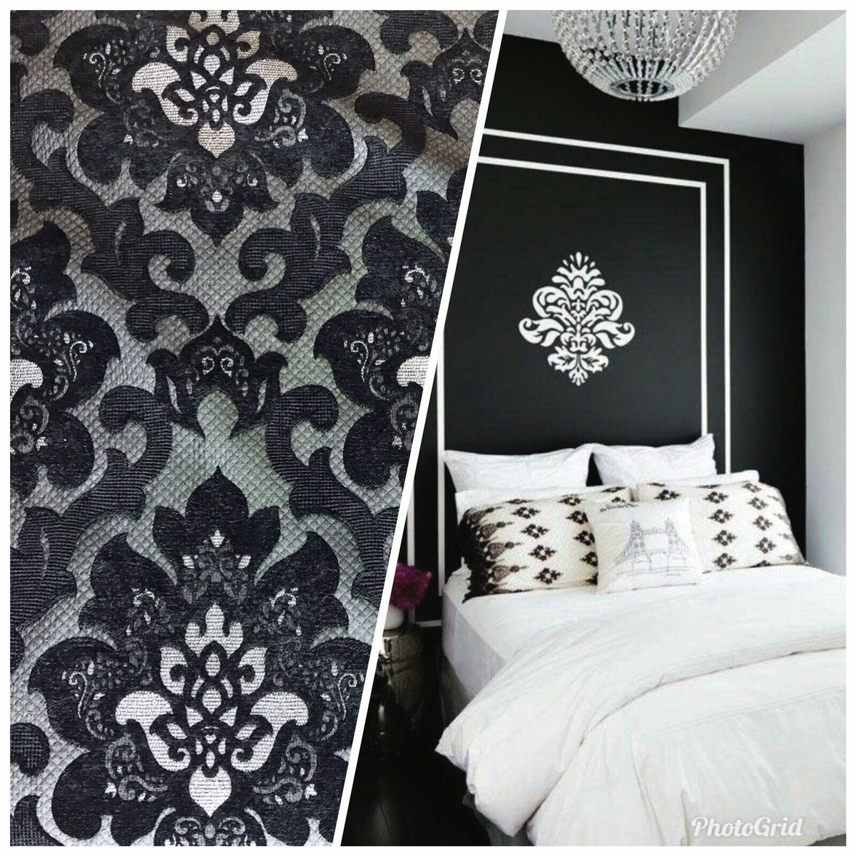 NEW Queen Allyson Designer Velvet Chenille Quilted Damask Burnout Upholstery Fabric - Black - Fancy Styles Fabric Pierre Frey Lee Jofa Brunschwig & Fils