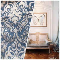 NEW Sir Arthur Double Sided Burnout Chenille Velvet Fabric- Blue Ivory Upholstery Damask - Fancy Styles Fabric Pierre Frey Lee Jofa Brunschwig & Fils