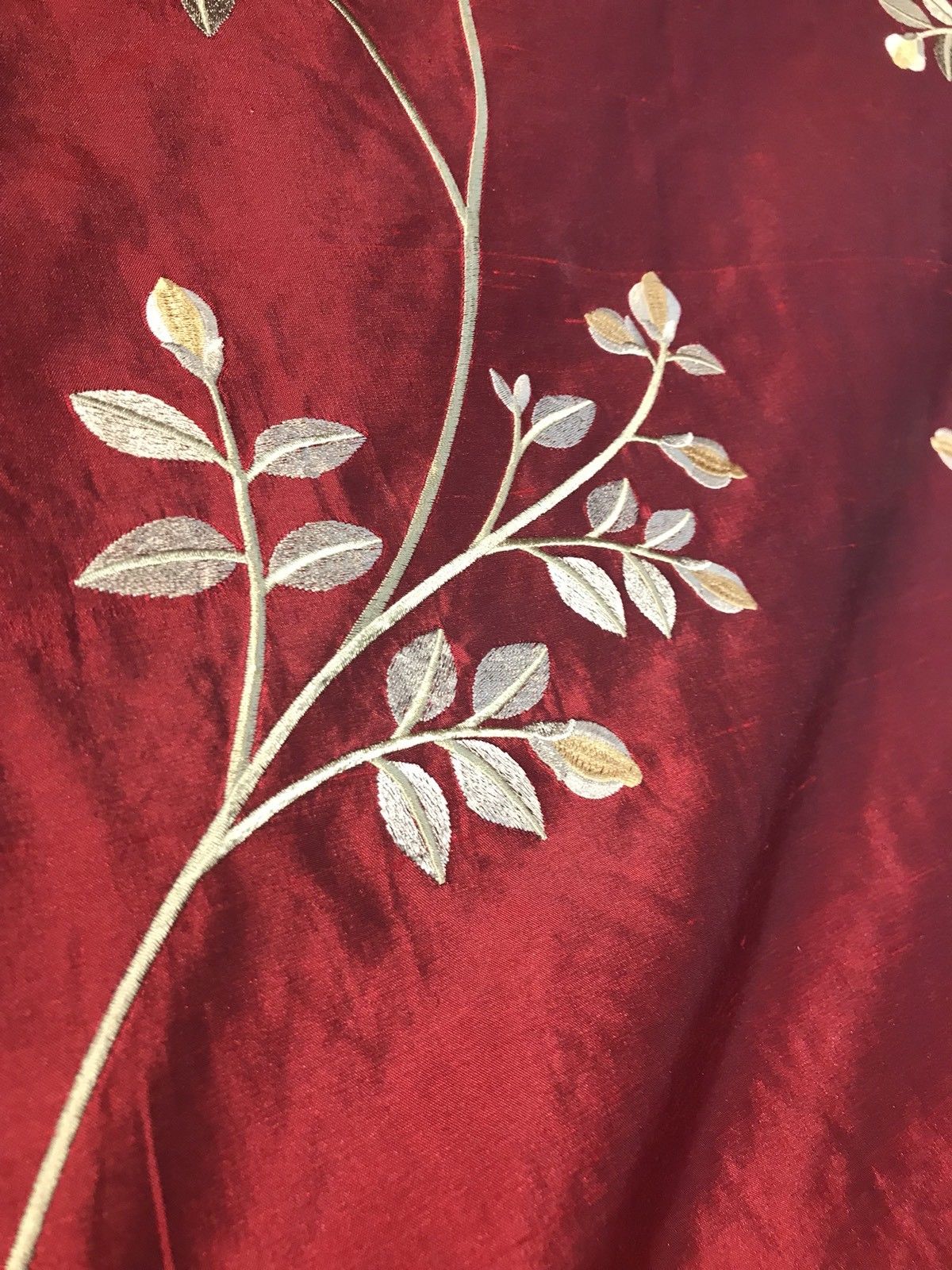 NEW! SALE! 100% Silk Taffeta Embroidered Floral Motif Fabric - Dark Red - Fancy Styles Fabric Boutique