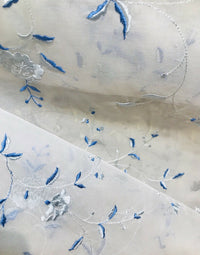 Princess Delphine 100% Silk Voile Organza Sheer Embroidery Drapery Fabric- Floral White & Blue - Fancy Styles Fabric Pierre Frey Lee Jofa Brunschwig & Fils