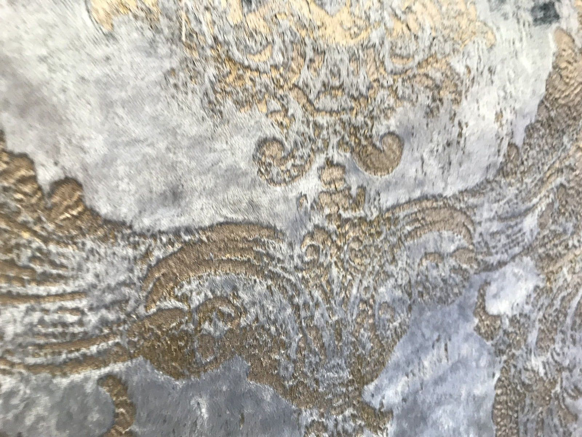 SWATCH- Designer Burnout Antique Inspired Velvet Fabric Eggshell Blue And Gold - Fancy Styles Fabric Pierre Frey Lee Jofa Brunschwig & Fils