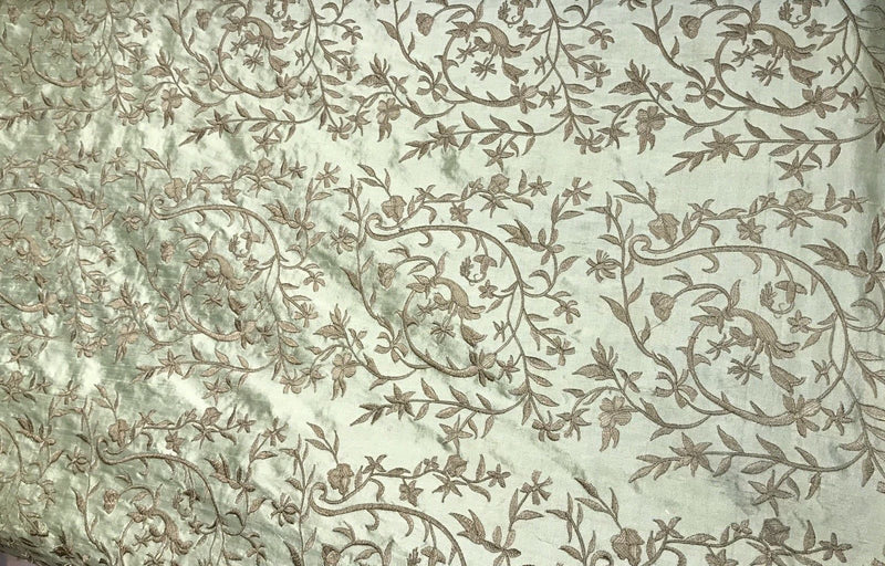 Queen Daphne Designer 100% Silk Taffeta Dupioni Embroidery Floral Fabric - Mint Green GFSUG0001 - Fancy Styles Fabric Pierre Frey Lee Jofa Brunschwig & Fils