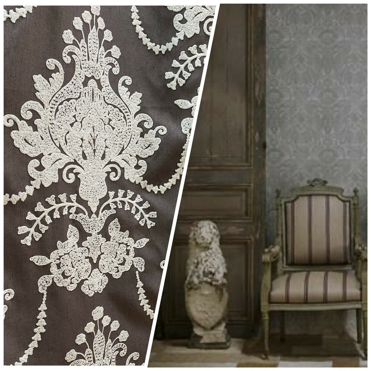 NEW! Princess Layla Designer Linen Inspired Damask Drapery Fabric- Charcoal Gray & White - Fancy Styles Fabric Pierre Frey Lee Jofa Brunschwig & Fils