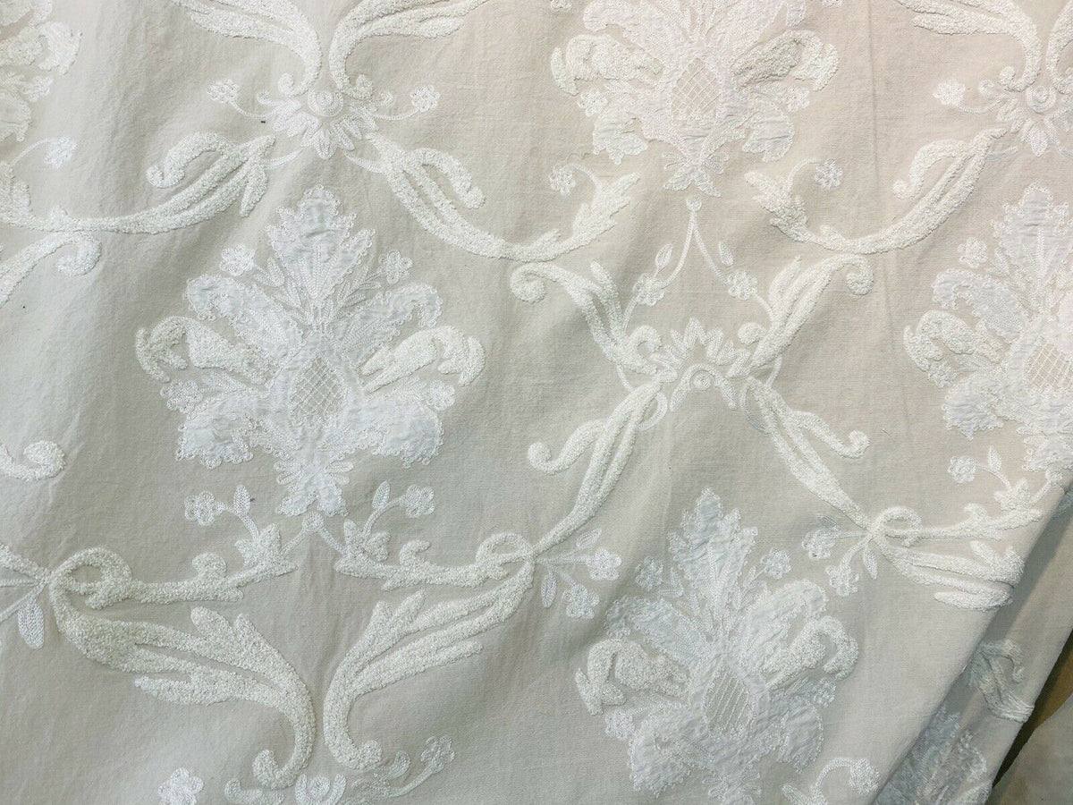 NEW! Lady Nora Novelty 100% Silk Fabric With Crewel Floral Embroidery- Ecru & White - Fancy Styles Fabric Pierre Frey Lee Jofa Brunschwig & Fils