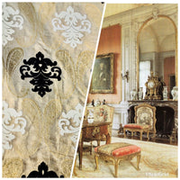 SWATCH Brocade Fabric- Antique Cream, Gold, Black- Damask Interior Design - Fancy Styles Fabric Pierre Frey Lee Jofa Brunschwig & Fils