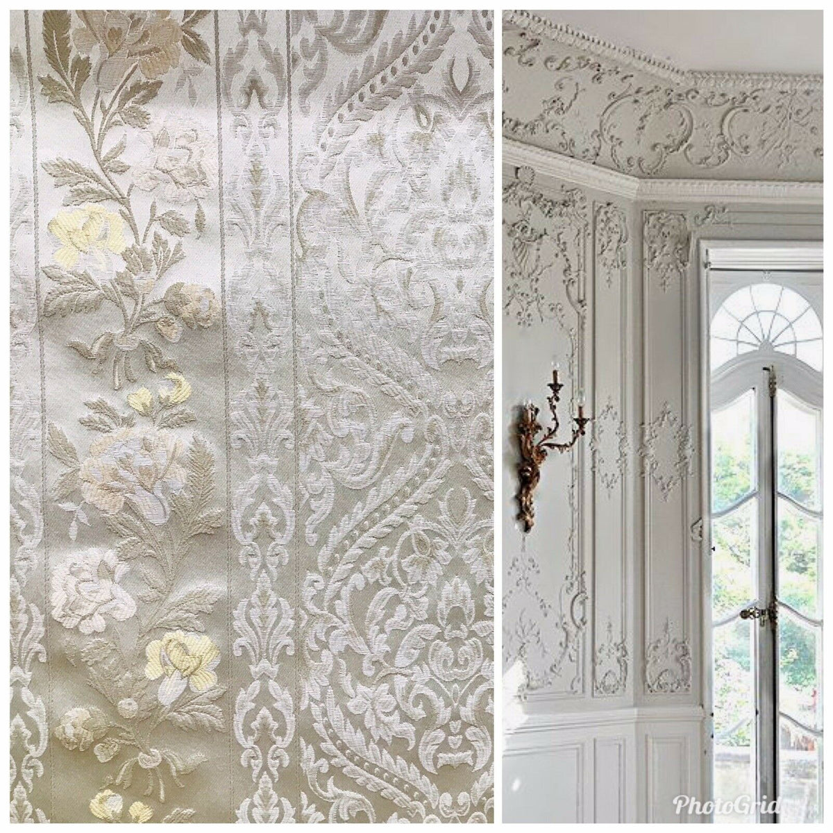 NEW Italian Brocade Satin Fabric- Ivory- Floral Upholstery Neoclassical Louis - Fancy Styles Fabric Pierre Frey Lee Jofa Brunschwig & Fils