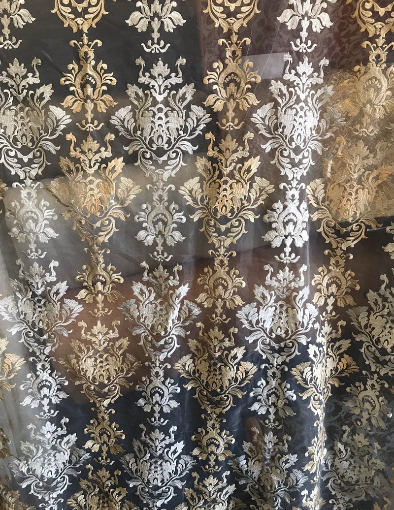 SALE 112” Wide Sheer Voile Drapery Fabric Interior Decorating- Taupe Embroidery - Fancy Styles Fabric Boutique