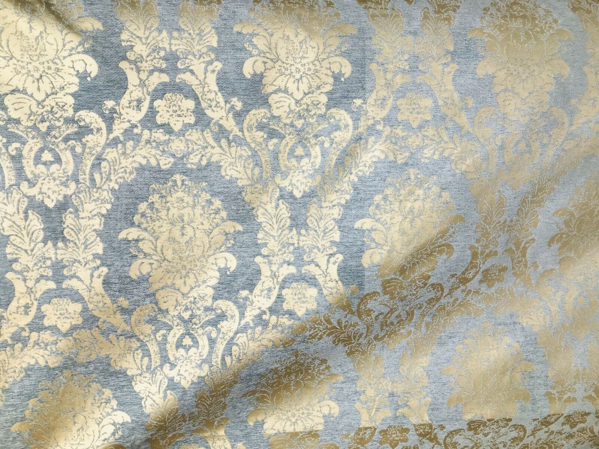 Lord Augustin Designer Velvet Chenille Burnout Damask Upholstery Fabric - Blue & Gold - Fancy Styles Fabric Pierre Frey Lee Jofa Brunschwig & Fils