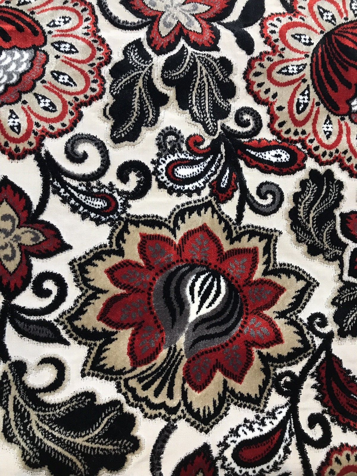 NEW Novelty Belgium Burnout Chenille Velvet Fabric Upholstery- Red Floral - Fancy Styles Fabric Boutique