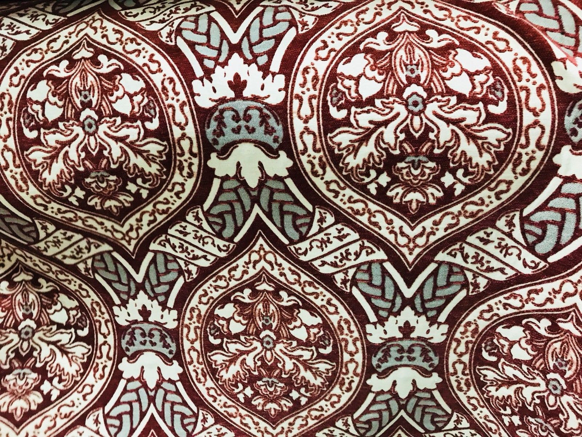NEW SALE! Double Sided Burnout Chenille Velvet Fabric- Red Upholstery Damask - Fancy Styles Fabric Boutique